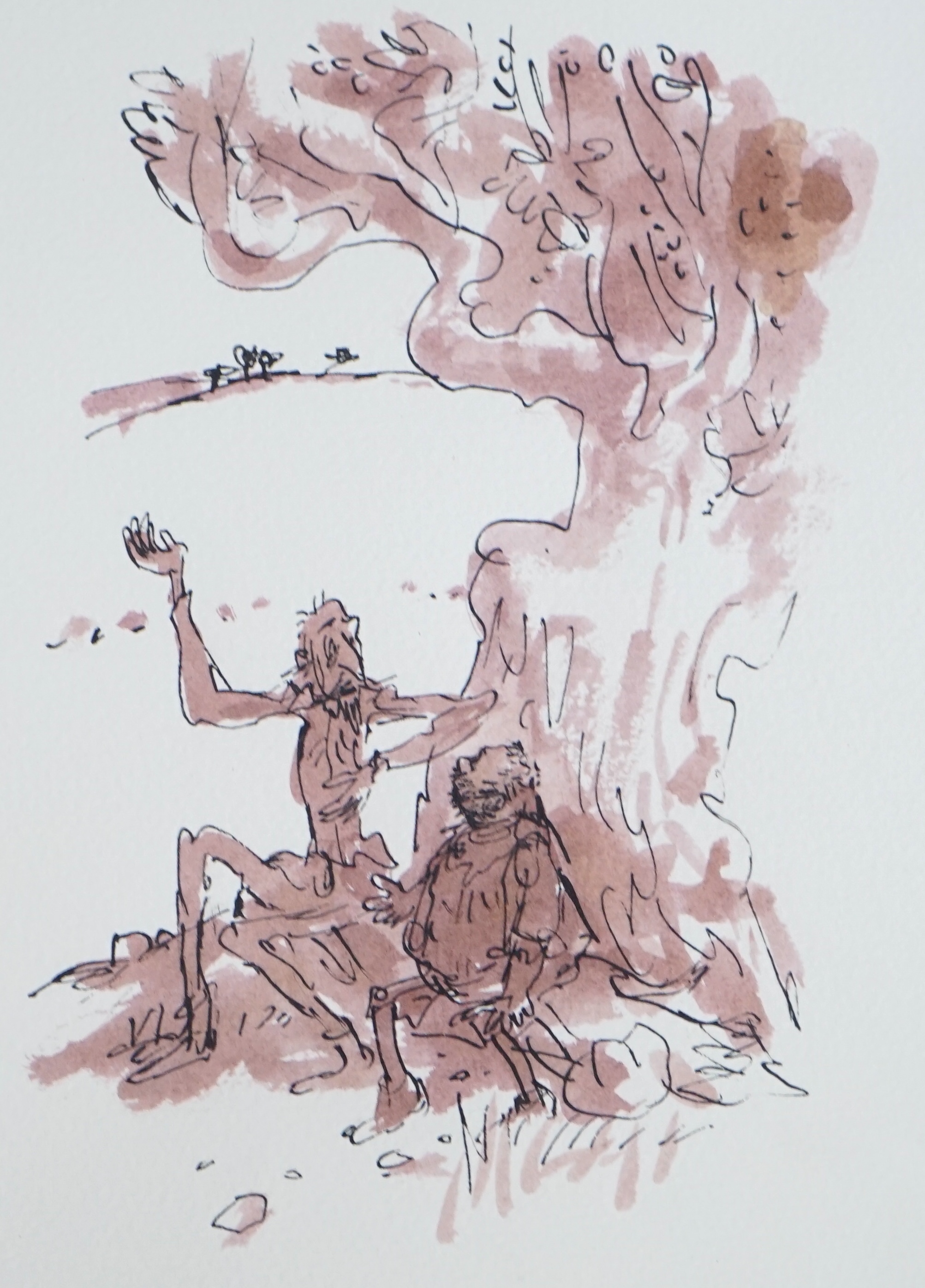 Sir Quentin Saxby Blake OBE (British, b.1932), Don Quixote and Sancho Panza seated beneath a tree Alternative Version, ink and watercolour on paper, 28 x 22cm